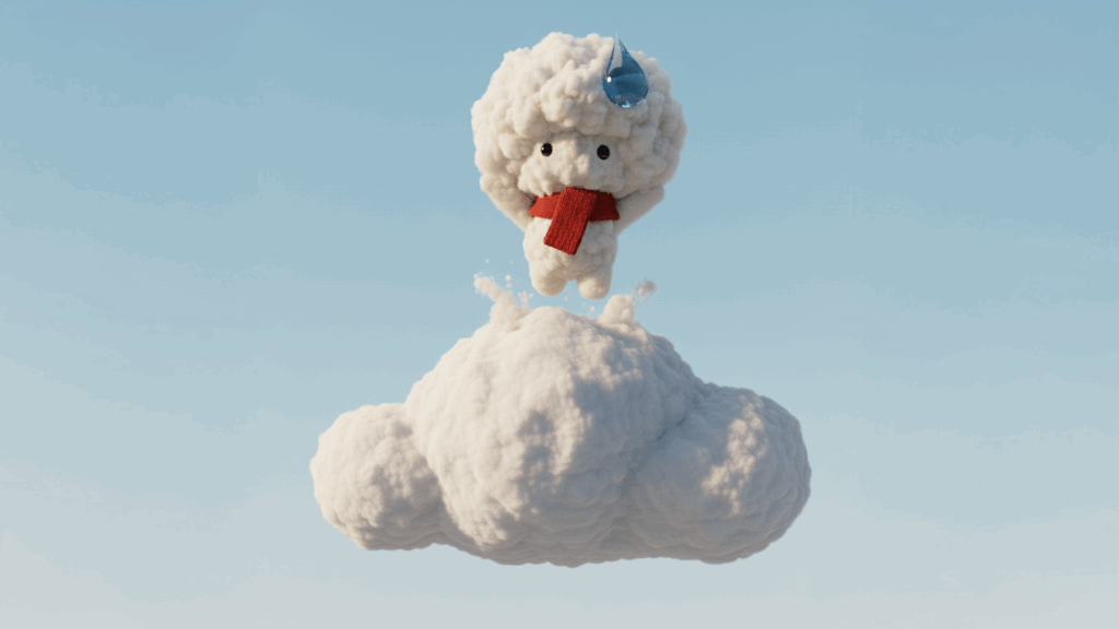 코코리는 구름으로 만들어졌습니다. 코코리가 구름속에서 '퐁' 하고 튀어오르는 장면입니다