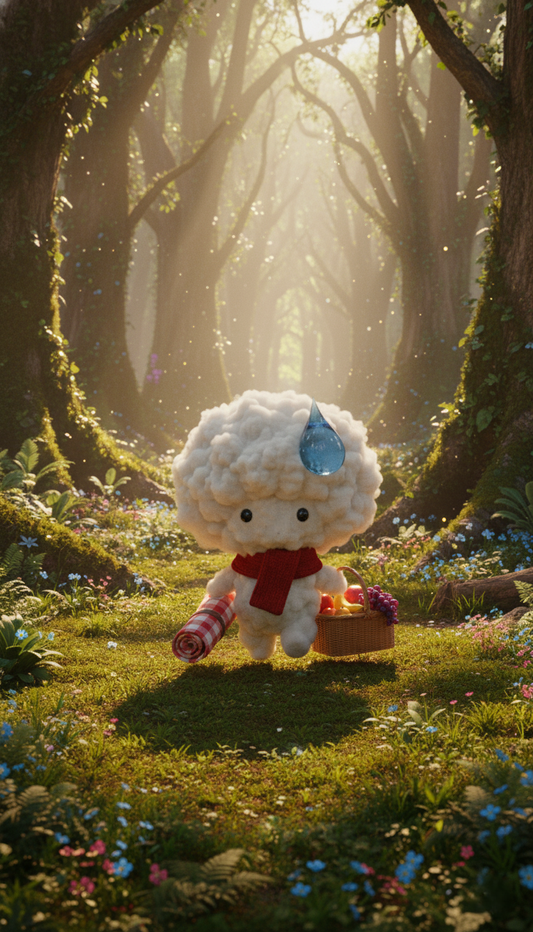 Nhân vật 3D Kokori (đám mây) mang giỏ trái cây và tấm thảm, bắt đầu chuyến dã ngoại trong khu rừng cổ tích huyền diệu. (KOKORI STORY EP.1)