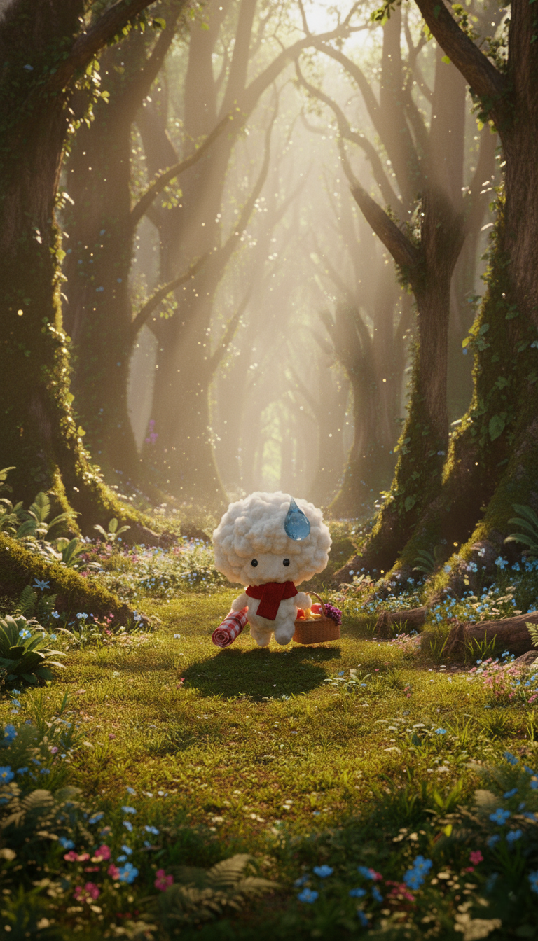 3D character Kokori the cloud sets off on a picnic in a magical fairy tale forest, carrying a fruit basket and mat. (KOKORI STORY EP.1